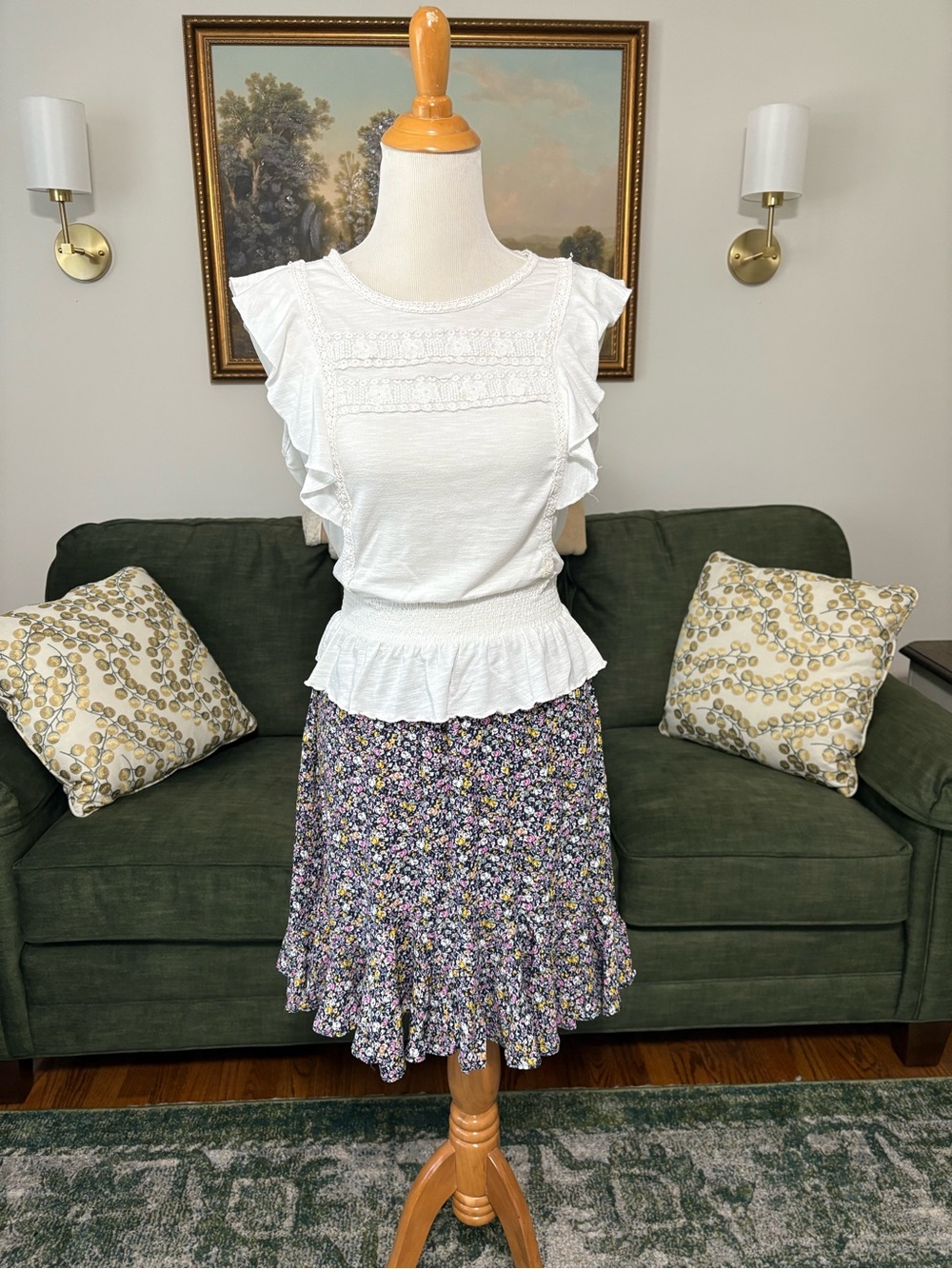 Floral ruffle hem knee length navy feminine spring summer skirt